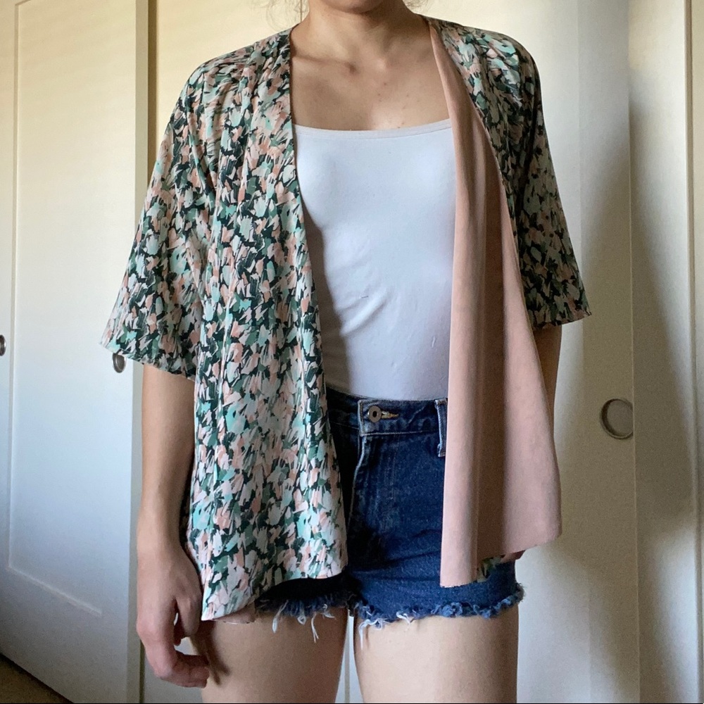 H&M pink/green open kimono cardigan